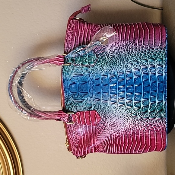 New! TRENDY Multi Blue Fuchsia Hombre Alligator Embossed Satctchel Handbag Purse - Picture 2 of 9
